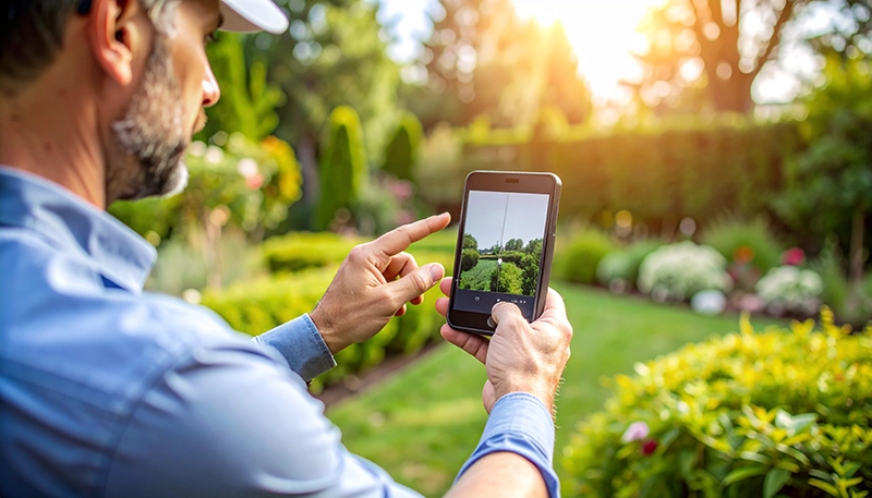 Sachverständiger bei der Befundaufnahme im Rahmen eines Gartenbau-Gutachtens