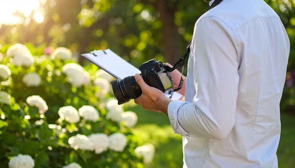Sachverständiger bei der Gartenbegutachtung mit Unterlagen und Kamera zur Vorbereitung eines Gutachtens.