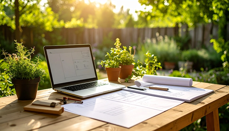 Strukturierter Arbeitsplatz mit Checklisten und Plänen zur effizienten Vorbereitung eines Gartenbau-Gutachtens.