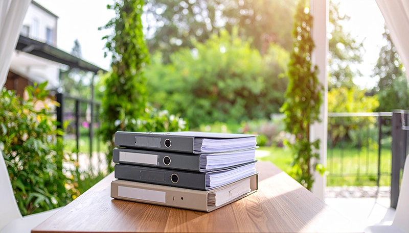 Gestapelte Akten auf Holztisch im Wintergarten mit Blick auf gepflegte Gartenanlage – Gerichtsgutachten Gartenbau Sachverständiger Rastatt.