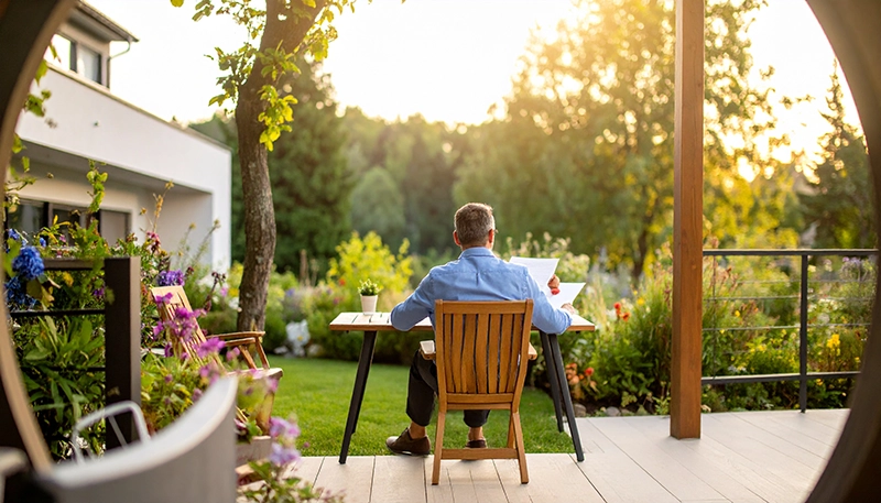 Sachverständiger erstellt vor Ort ein Gutachten im Gartenbau unter weichem Tageslicht.