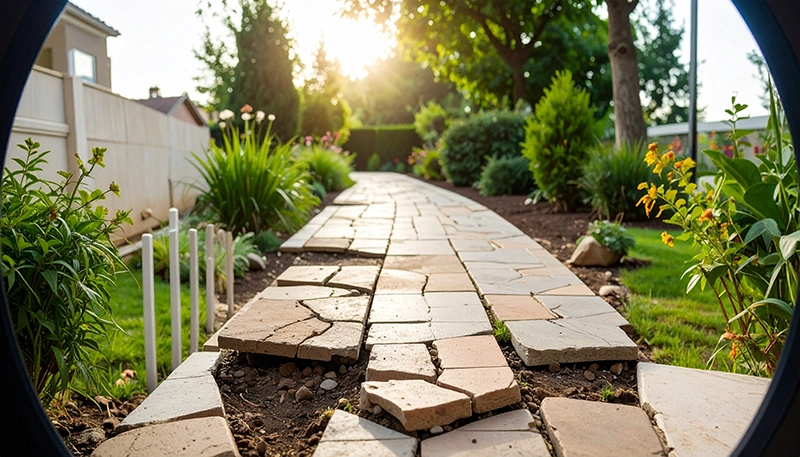 Sachverständiger begutachtet beschädigten Pflasterweg im Gartenbau unter weichem Tageslicht