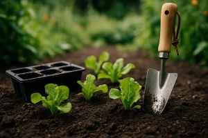 Spaten und Handschuhe in einem gepflegten Blumenbeet – Tipps vom Sachverständiger Gartenbau Andreas Härtel